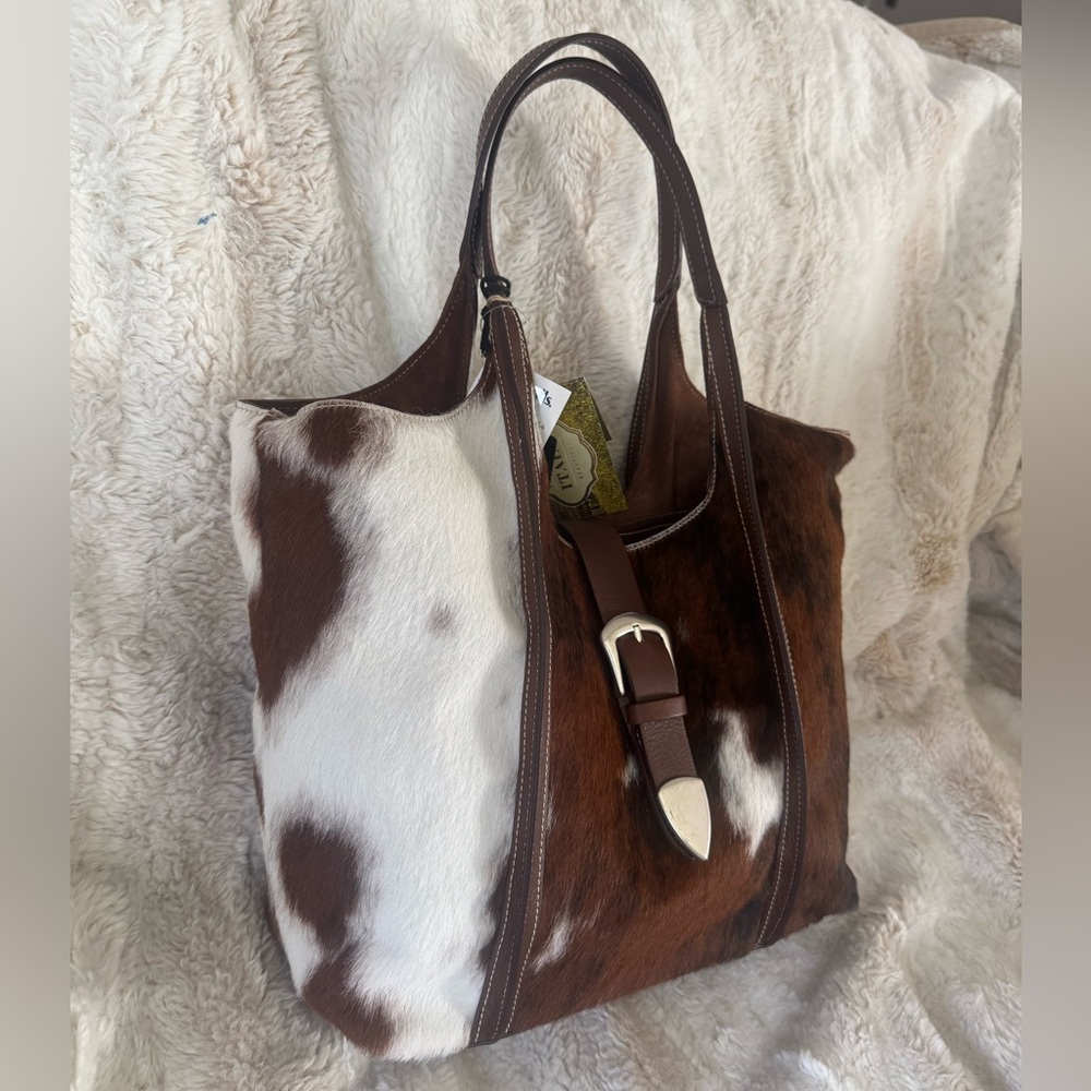 Cavalcanti Leather Cow Cowhide Print Fur Tote Bag Purse